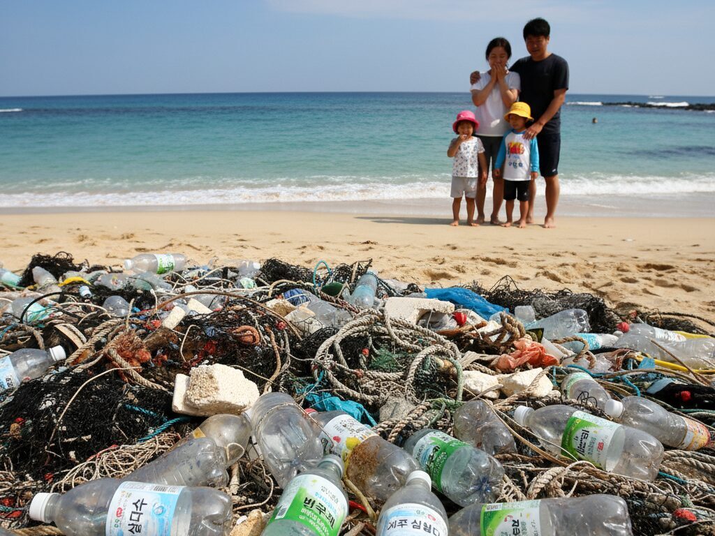 제주도의 아름다운 해변에 밀려온 한글 상표가 보이는 플라스틱 쓰레기 더미와 이를 안타깝게 바라보는 관광객들의 모습.