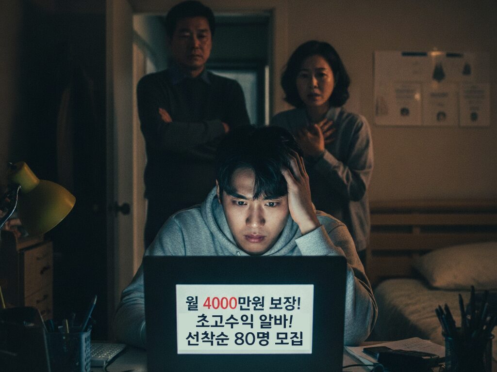 고수익 해외 취업 사기 광고를 보며 고민하는 청년과 그를 걱정스럽게 바라보는 부모님