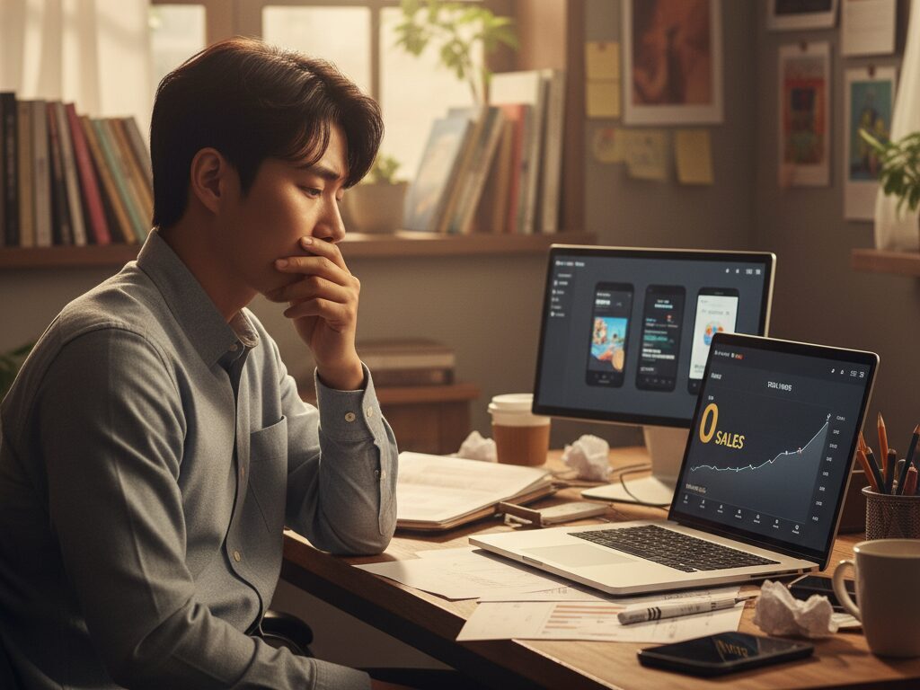 제품은 훌륭하게 만들었지만 마케팅 방법을 몰라 판매 성과가 0을 기록한 노트북을 보며 좌절하는 한국인 1인 기업가의 모습.