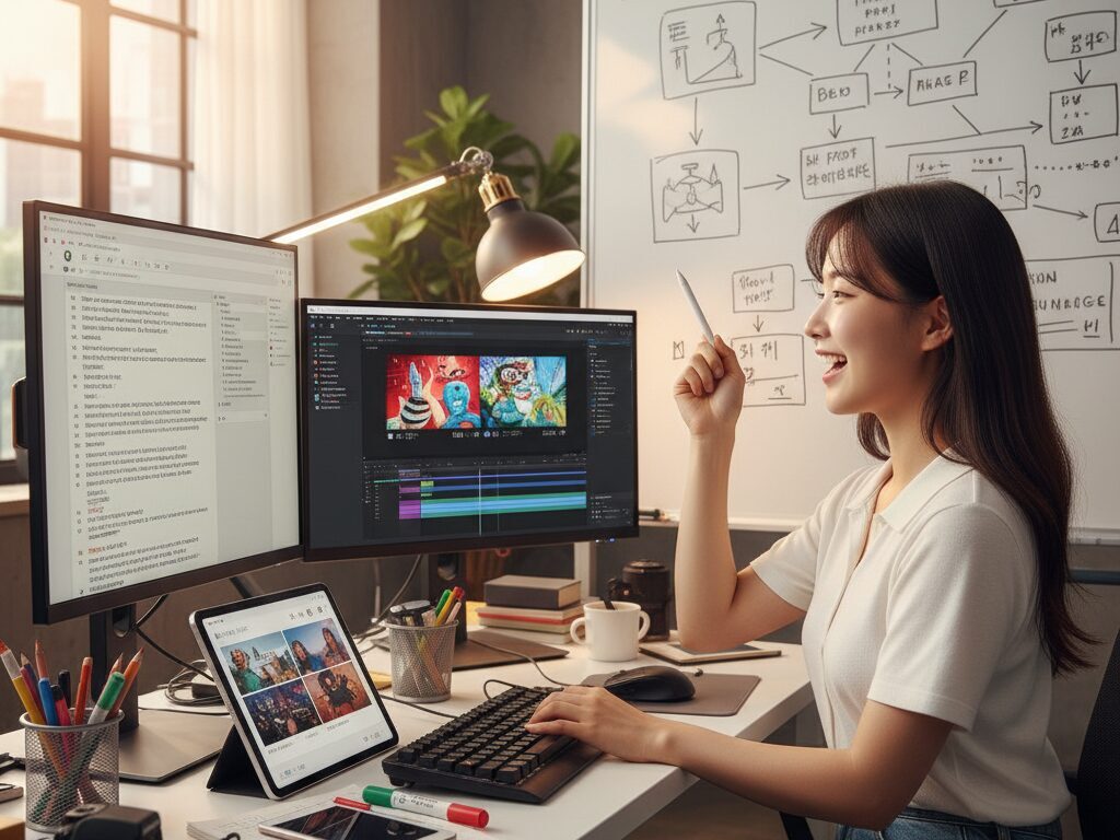 한국인 마케팅 전문가가 AI 도구를 활용해 1인 기업가 고객을 위한 '미스터 비스트' 스타일의 바이럴 숏폼 콘텐츠를 기획/제작하는 모습.