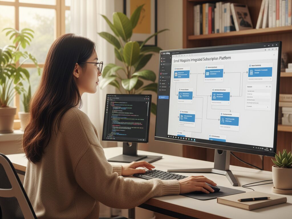 한국인 N잡러가 홈오피스에서 '바이브 코딩' 툴(러버블)과 AI를 활용해 소형 매거진을 위한 통합 구독 B2B SaaS 플랫폼을 구축하는 모습.