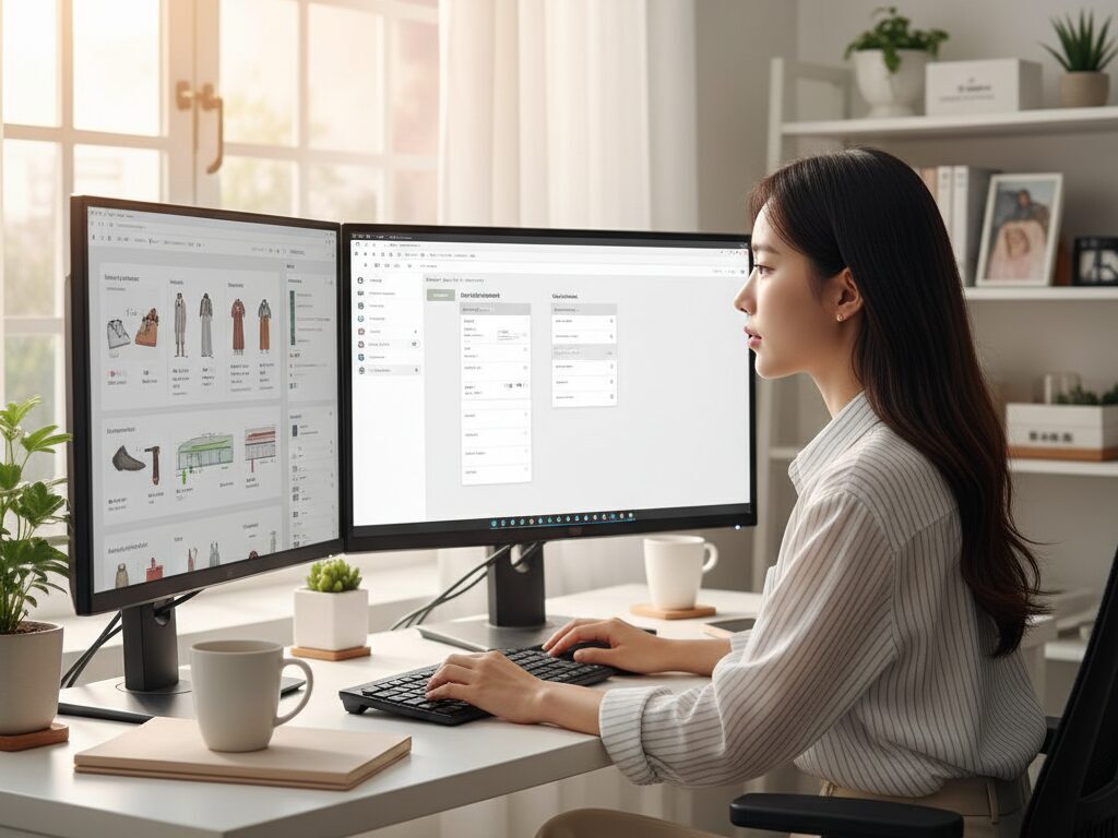 한국인 개발자가 홈오피스에서 '바이브 코딩' 툴과 AI를 활용해 K-패션 N잡 셀러를 위한 '정품 검수 SaaS'를 구축하는 모습.