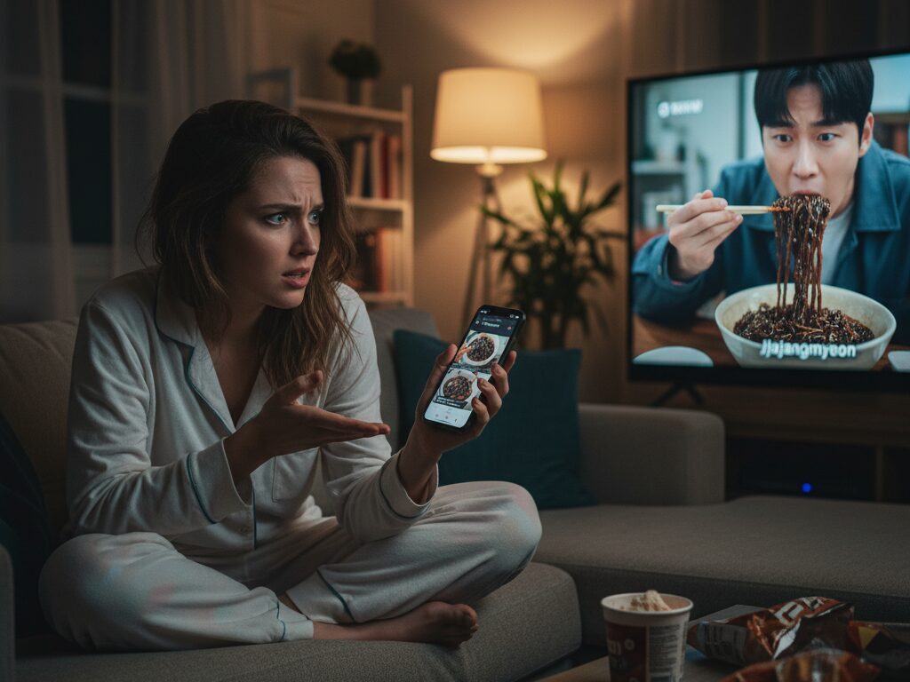 K-드라마 속 짜장면을 보고 스마트폰으로 레시피를 찾으며 답답해하는 미국인 여성.