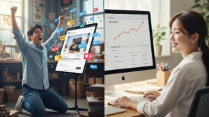 N잡 창업 아이디어 성공 모습. AI 바이럴 마케팅 덕분에 제품이 떡상해 환호하는 한국인 1인 기업가와, 성공적인 N잡 성과에 뿌듯해하는 한국인 마케터.