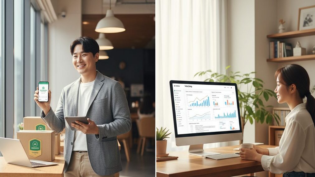 N잡 창업 아이디어 성공 모습. AI 정품 검수 인증으로 매출이 올라 만족하는 한국인 N잡 셀러와, 자신이 '바이브 코딩'으로 만든 SaaS의 구독 수익에 뿌듯해하는 한국인 개발자.