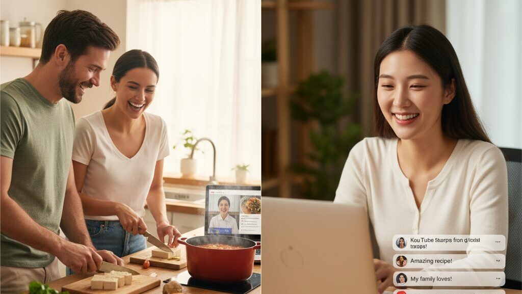 K-푸드 스토리텔러 N잡 창업 아이디어로, 미국인 고객은 K-푸드 요리에 성공하고 한국인 독자는 콘텐츠로 성공한 모습.