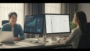 N잡 창업 아이디어 성공 모습. 통합 구독 플랫폼 덕분에 포털 종속에서 벗어나 높은 수익을 얻는 한국인 창작자들과, 자신이 구축한 B2B SaaS의 성공에 만족하는 한국인 운영자.