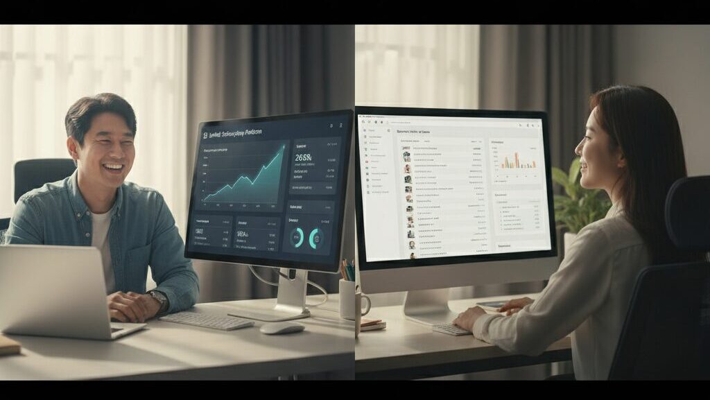 N잡 창업 아이디어 성공 모습. 통합 구독 플랫폼 덕분에 포털 종속에서 벗어나 높은 수익을 얻는 한국인 창작자들과, 자신이 구축한 B2B SaaS의 성공에 만족하는 한국인 운영자.