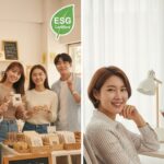 N잡 창업 아이디어의 성공. 한쪽엔 '가치소비 큐레이터'의 추천을 받아 윤리적 가게에서 만족하며 쇼핑하는 한국인 고객들, 다른 한쪽엔 성공한 한국인 독자가 자신의 블로그를 보며 뿌듯해하는 모습.