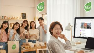 N잡 창업 아이디어의 성공. 한쪽엔 '가치소비 큐레이터'의 추천을 받아 윤리적 가게에서 만족하며 쇼핑하는 한국인 고객들, 다른 한쪽엔 성공한 한국인 독자가 자신의 블로그를 보며 뿌듯해하는 모습.