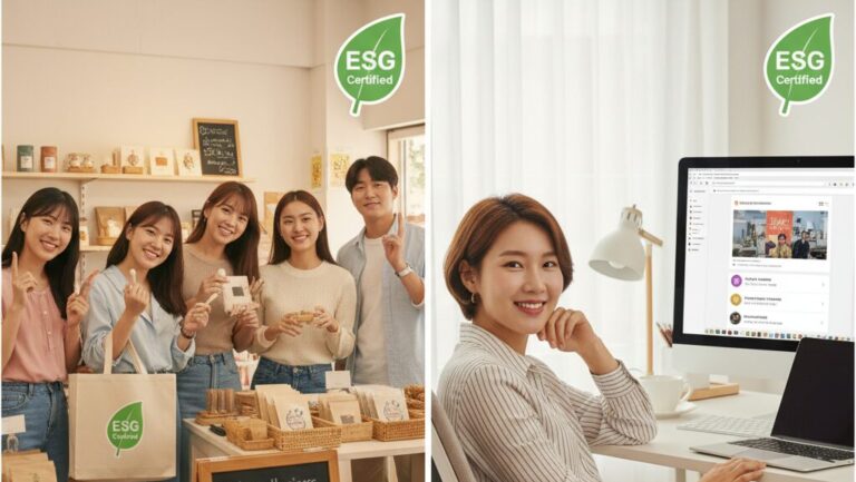 N잡 창업 아이디어의 성공. 한쪽엔 '가치소비 큐레이터'의 추천을 받아 윤리적 가게에서 만족하며 쇼핑하는 한국인 고객들, 다른 한쪽엔 성공한 한국인 독자가 자신의 블로그를 보며 뿌듯해하는 모습.