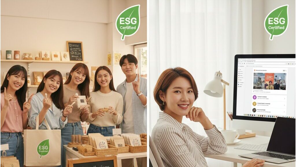 N잡 창업 아이디어의 성공. 한쪽엔 '가치소비 큐레이터'의 추천을 받아 윤리적 가게에서 만족하며 쇼핑하는 한국인 고객들, 다른 한쪽엔 성공한 한국인 독자가 자신의 블로그를 보며 뿌듯해하는 모습.