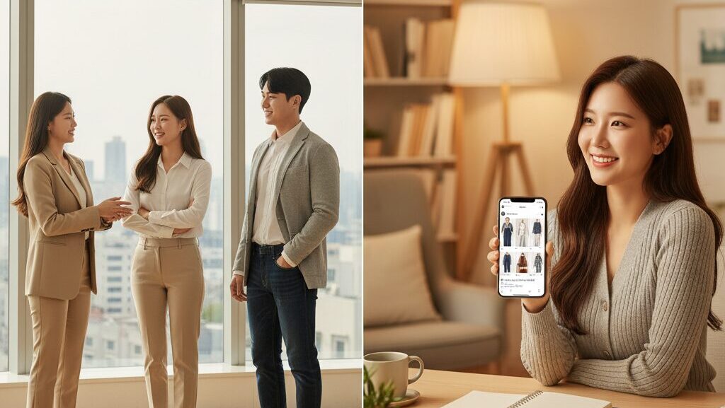 기본템으로 자신감을 얻은 한국 직장인들과, 릴스 콘텐츠로 성공한 N잡 창업 아이디어 전문가가 함께 만족하는 모습.