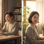 N잡 창업 아이디어 성공 모습. 혜택 알리미 앱 덕분에 안심하고 일하는 한국인 N잡러와, 자신이 '바이브 코딩'으로 만든 SaaS의 성공에 뿌듯해하는 한국인 개발자.