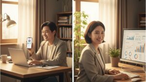 N잡 창업 아이디어 성공 모습. 혜택 알리미 앱 덕분에 안심하고 일하는 한국인 N잡러와, 자신이 '바이브 코딩'으로 만든 SaaS의 성공에 뿌듯해하는 한국인 개발자.