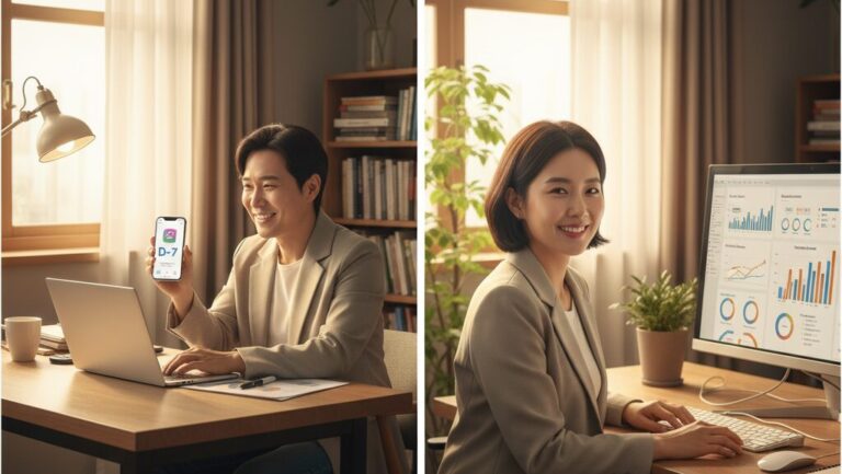 N잡 창업 아이디어 성공 모습. 혜택 알리미 앱 덕분에 안심하고 일하는 한국인 N잡러와, 자신이 '바이브 코딩'으로 만든 SaaS의 성공에 뿌듯해하는 한국인 개발자.