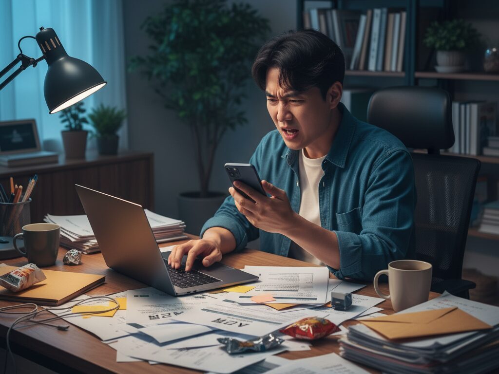 바쁜 N잡 업무 중 '스케일링 혜택 마감' 알림을 보고 혜택을 또 놓쳐 짜증 내는 한국인 N잡러의 모습.