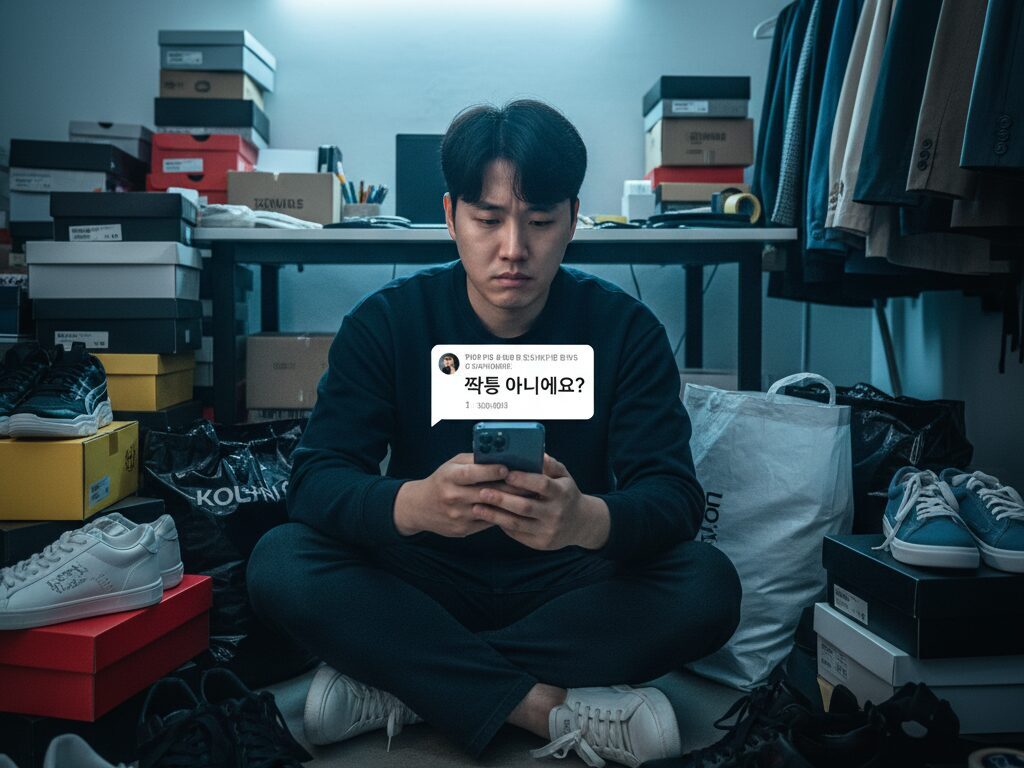 정품 K-패션 재고 속에서, '짝퉁'이 아니냐는 고객 댓글을 보며 정품 인증의 어려움으로 답답해하는 한국인 N잡 셀러의 모습.