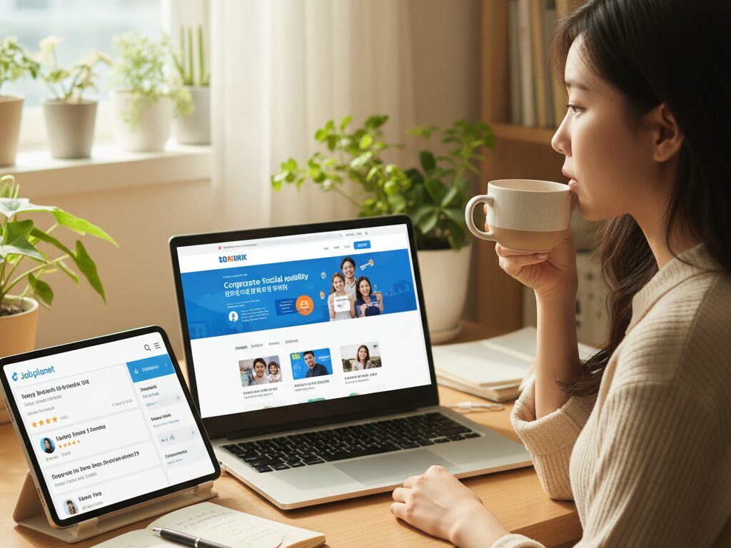 한국인 N잡 창업가(윤하람)가 자신의 홈오피스에서 노트북으로 잡플래닛 리뷰와 기업의 CSR 보고서를 교차 검증하며 분석하는 집중하는 뒷모습.