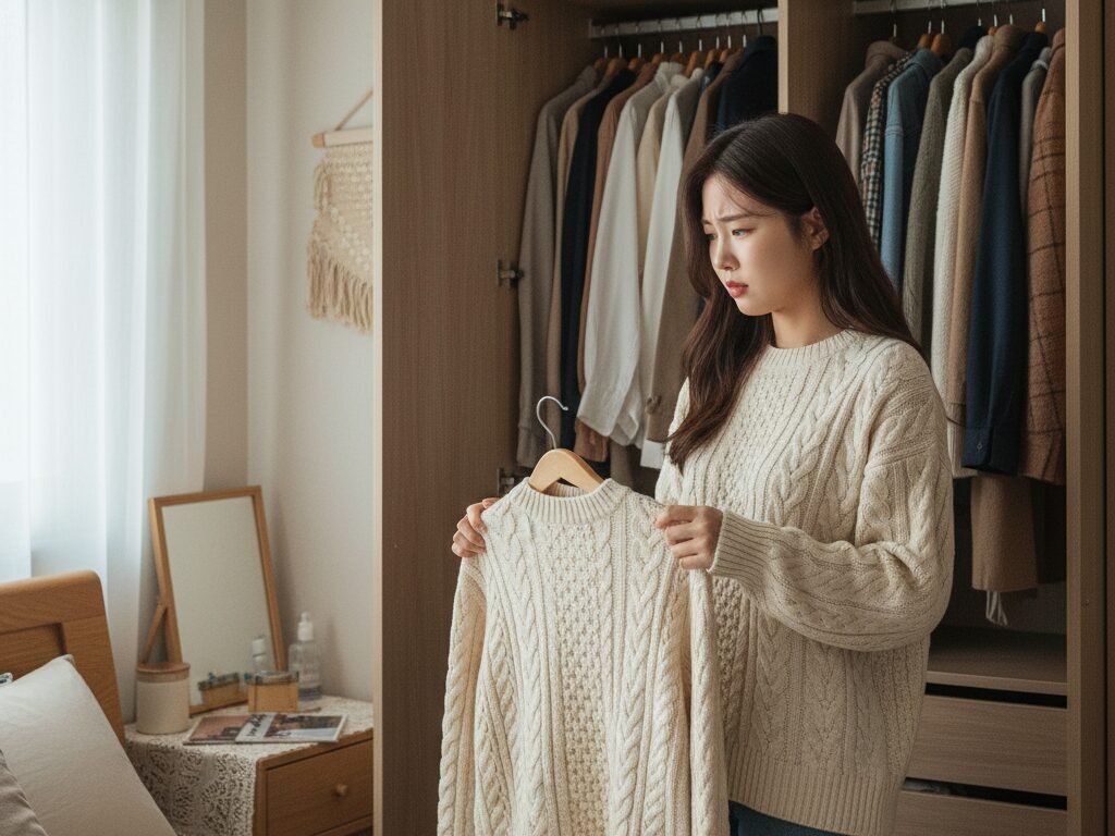 옷장 앞에서 기본 니트를 들고 어떻게 입을지 몰라 좌절하는 젊은 한국인 직장인 여성.