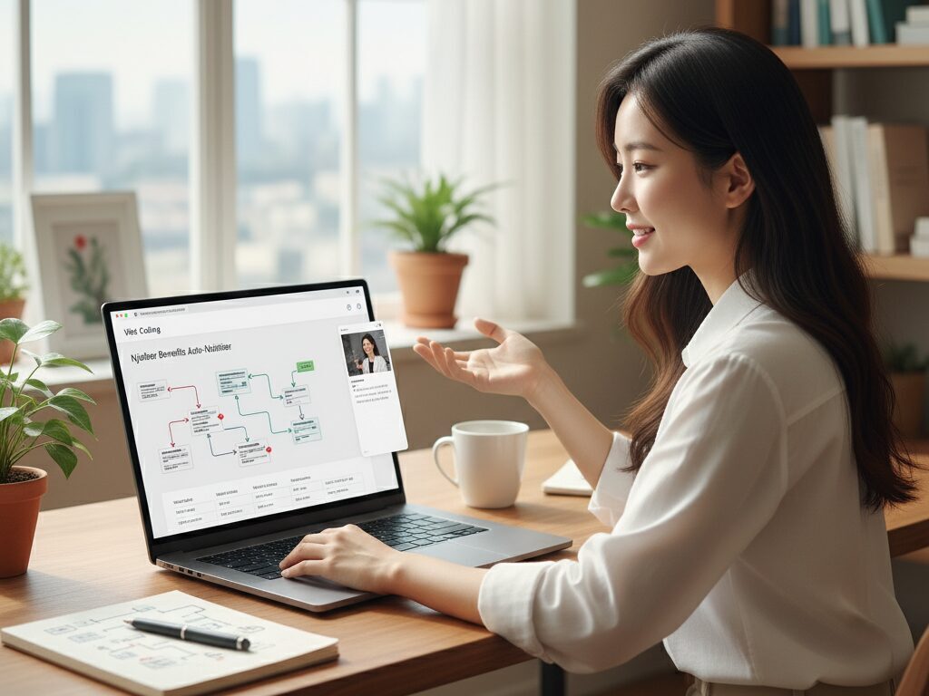 한국인 N잡러가 홈오피스에서 '바이브 코딩' 툴과 AI 챗봇을 활용해 N잡러 혜택 자동 알리미 SaaS 솔루션을 전문적으로 설계하는 모습.