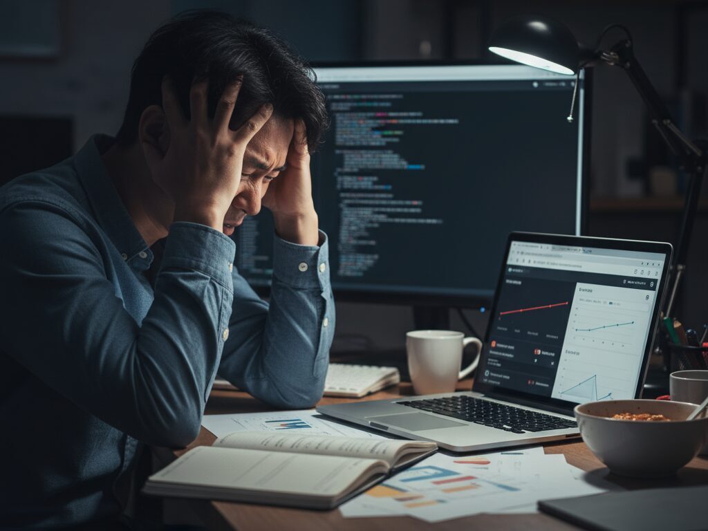 네이버 포털 종속 문제로 인해 낮은 수익과 트래픽을 보며 작업실에서 좌절하는 한국인 전문 콘텐츠 창작자.