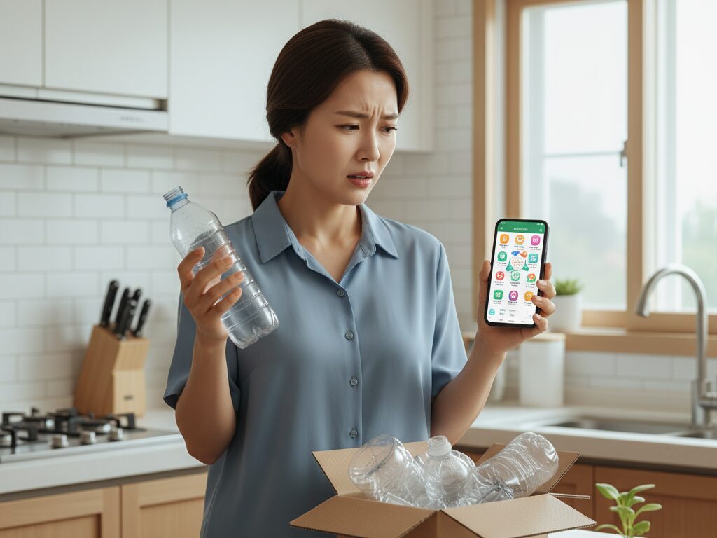 투명 페트병을 들고 스마트폰의 여러 재활용 포인트 앱을 보며 어떤 것을 사용해야 할지 몰라 혼란스러워하는 한국인 주부.