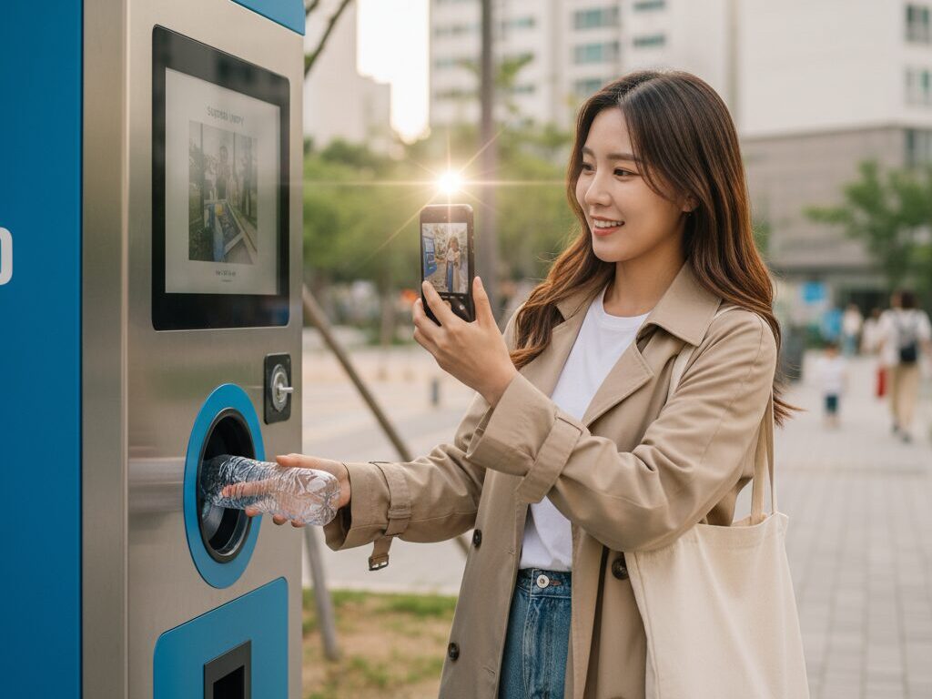 '짠테크 1호 탐험가'인 한국인 블로거가 페트병 무인 회수기를 직접 사용하며 블로그 포스팅을 위해 스마트폰으로 촬영하는 과정.